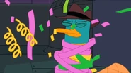 Agent P trapped with birthday ribbons