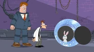 Doofenshmirtz and Norm meet Dennis the Rabbit for the first time.