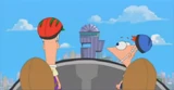 Phineas and Ferb notice that they're going to crash at Doofenshmirtz's building