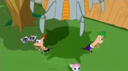 Phineas, Ferb, and Meap running.
