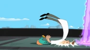 Perry flips Doofenshmirtz into the ray.