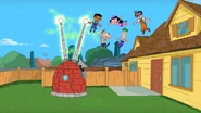 Phineas, Ferb, and their friends in the air with no gravity.