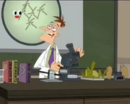 Doof using the blackboard to show strands of DNA (embedded inside the hair sample) through the microscope to the class