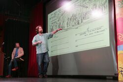 Dan Povenmire and Jeff "Swampy" Marsh presenting the original pitch at the first press event.