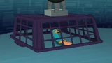 Perry is trapped in a laundry bin