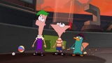 Phineas, Ferb, and Agent P look up at a giant robot of Doofenshmirtz-2