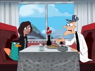 Doofenshmirtz is annoyed by Lyla's endless attempts to steal his fries.