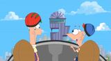 Phineas commending that the building looks a lot like Ferb's head