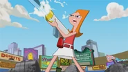 Candace shooting a T-shirt cannon with the torso-less bodies of the aliens in the background.