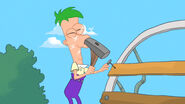 Ferb's sledgehammer bonks him on the nose.