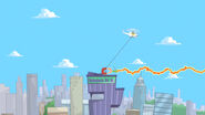 Agent P fires a grapling hook at a passing helicopter.