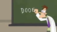 Doofenshmirtz attempting to spell out his name to the class