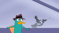 He sees Doofenshmirtz firing at someone.