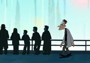 Doofenshmirtz leaves away from the scene, wondering if his scheme has went out for Bannister