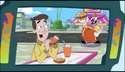 Man looking at the statue before eating a burger