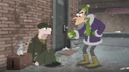 Out of pity, Doof gives Monogram two cents for before he leaves.
