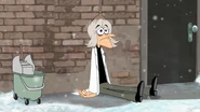 Doofenshmirtz being pushed into the wall by Rodney, getting a mop of top of his head.