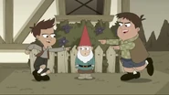 The children teasing Heinz as a lawn gnome