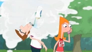 Perry cools down the robot after Candace hands it some water.