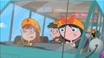 The Fireside Girls driving the van into the air.