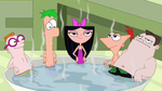 Phineas, Ferb, Isabella, Buford and Irving using a tea cup as a hot tub.