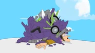 The debris from the plane falls on Doof.