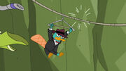 Perry ziplines into a tuxido