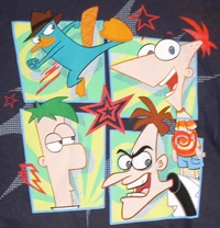 Agent P, Phineas, Ferb and Heinz four-panel action t-shirt