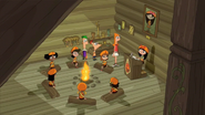 Phineas, Ferb and Candace at the Fireside Girls lodge meeting.