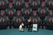 Heinz Doofenshmirtz and his 2nd Dimension counterpart with some Norm Bots.