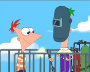 Phineas and Ferb proceeding to finish their project