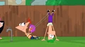 Phineas and Ferb form a slingshot to fire a water balloon.