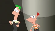 Phineas and Ferb running from the crashing giant ant-robot.