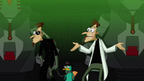 Doof-2 brings Perry the Platypus in a chain collar as his captive