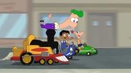 Ferb on top of the train's funnel.