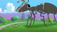 Phineas and Ferb being threatened by a giant ant robot.