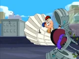 Phineas and Ferb crashlanding their shuttlecock onto the inator