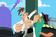Doofenshmirtz socks Perry below the beak.