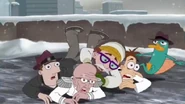 Doof, Rodney, Monty, Carl, and Perry start to fall over as the Earth moves back into orbit.