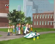 Perry lending his hovercraft to fly Doof up to inject the antidote on Johnny