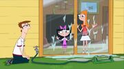 Candace and isabella see mr. fletcher who has just turned the sprinkler off