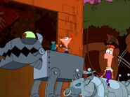 Phin, Ferb, Perry on robot dog and mechanical bulls