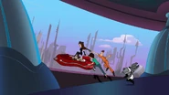The Doofenshmirtz family and Pandaborg escape in a hover car.