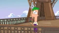 Ferb is left alone on top of the Eiffel Tower with a rose in his hand.