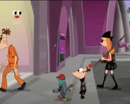 Doof leading Candace, Phineas, and Platyborg inside Charlene's penthouse.