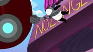 Pandaborg grips onto the hovercar as he escapes with the Doofenshmirtz family.