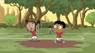 Baljeet and Mishti playing soccer in the flashback.