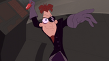 Doofenshmirtz 2 prepares to toss the razor disc at Phineas.