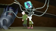Parenthesis' android wields four mechanical tentacles as backup weapons and a giant LCD screen to show his true face.