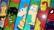 Imagem promocional com Thor, Hulk, Phineas, Ferb, Homem de Ferro e Homem-Aranha